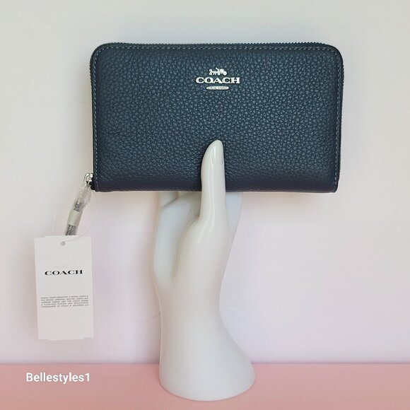 COACH Pebbled Leather Medium ID Window Zip-Around Wallet- Denim color 🎈$118 - Picture 2 of 16
